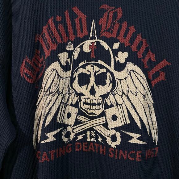 Vtg Y2K Lucky Brand Men Navy Skull Graphics Waffle Knit Long Sleeve Top Size XL - Picture 4 of 8